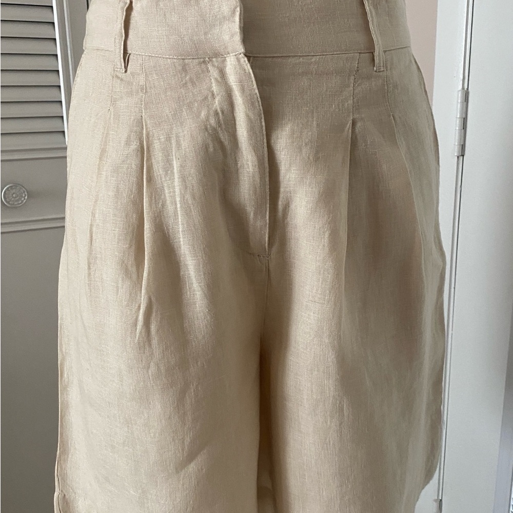 Beige Linen Pleated Shorts